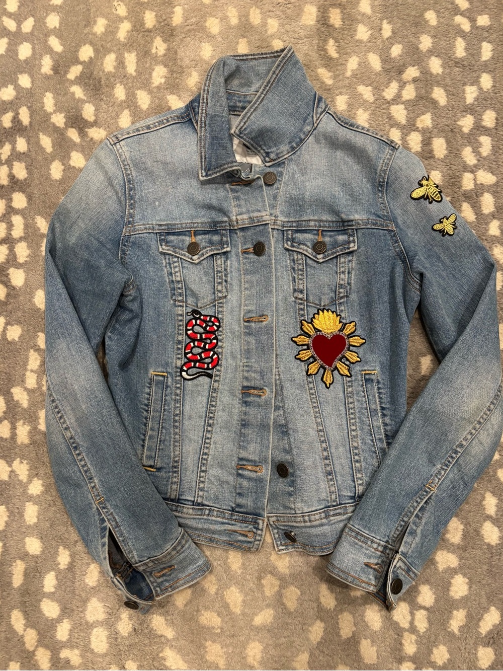 Light Blue Denim Jacket with Colorful Embroidered Patches